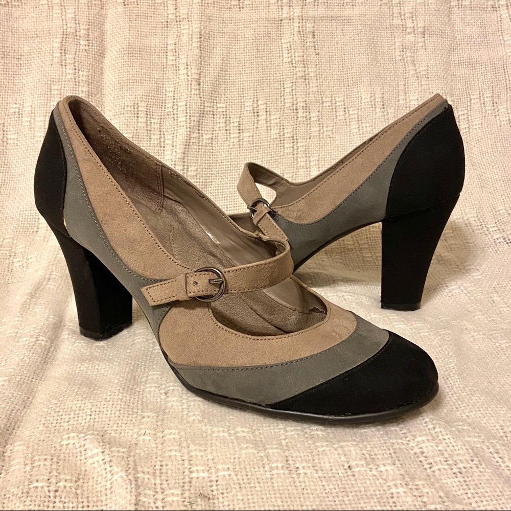 Black Grey Tan Buckle Heels Suede